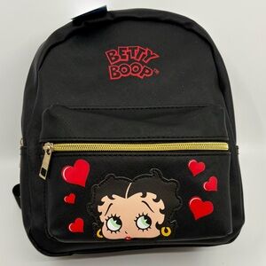LOW START Betty Boop Black Backpack, Hearts and Gold Zipper, NWT PVC Leather